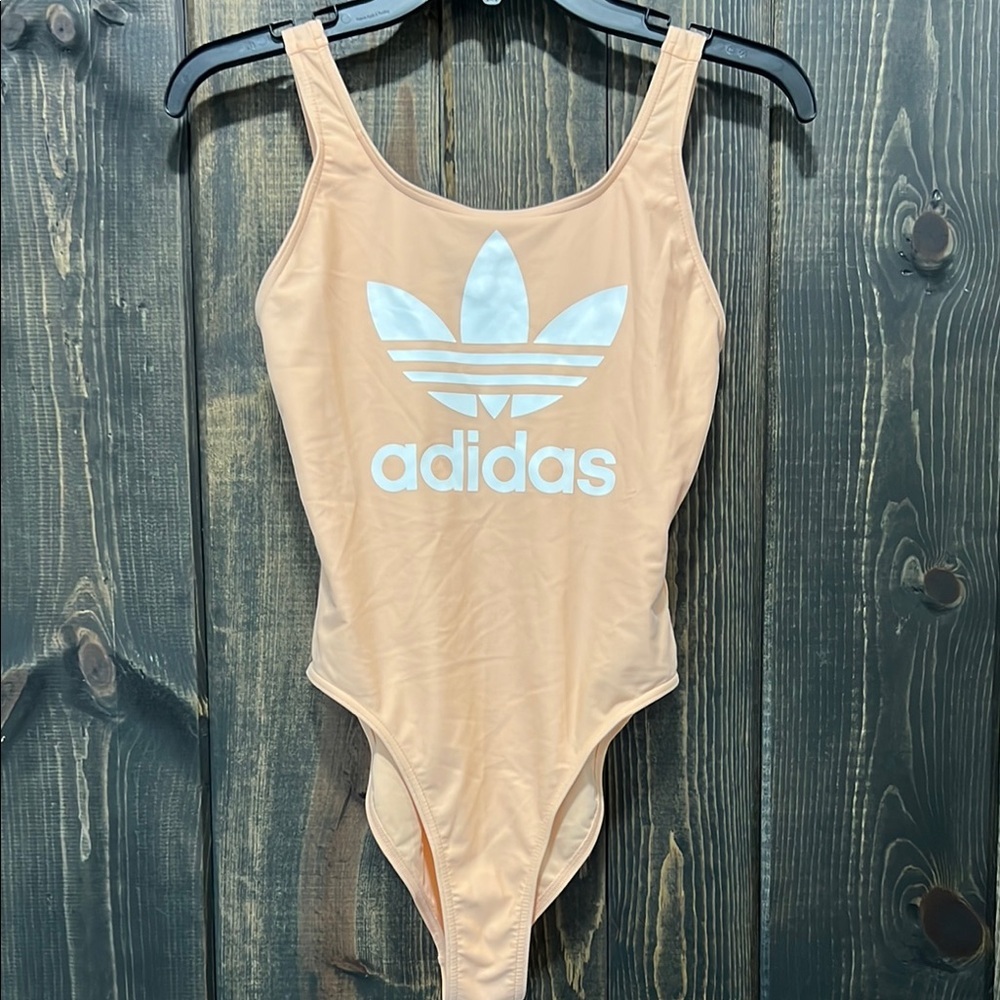 Adidas‎ Logo Swimsuit Size M Peach Orange One Piece High Cut Beach Swim Active